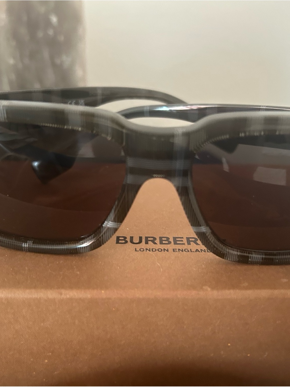 Burberry Gray Plaid Rectangular Sunglasses